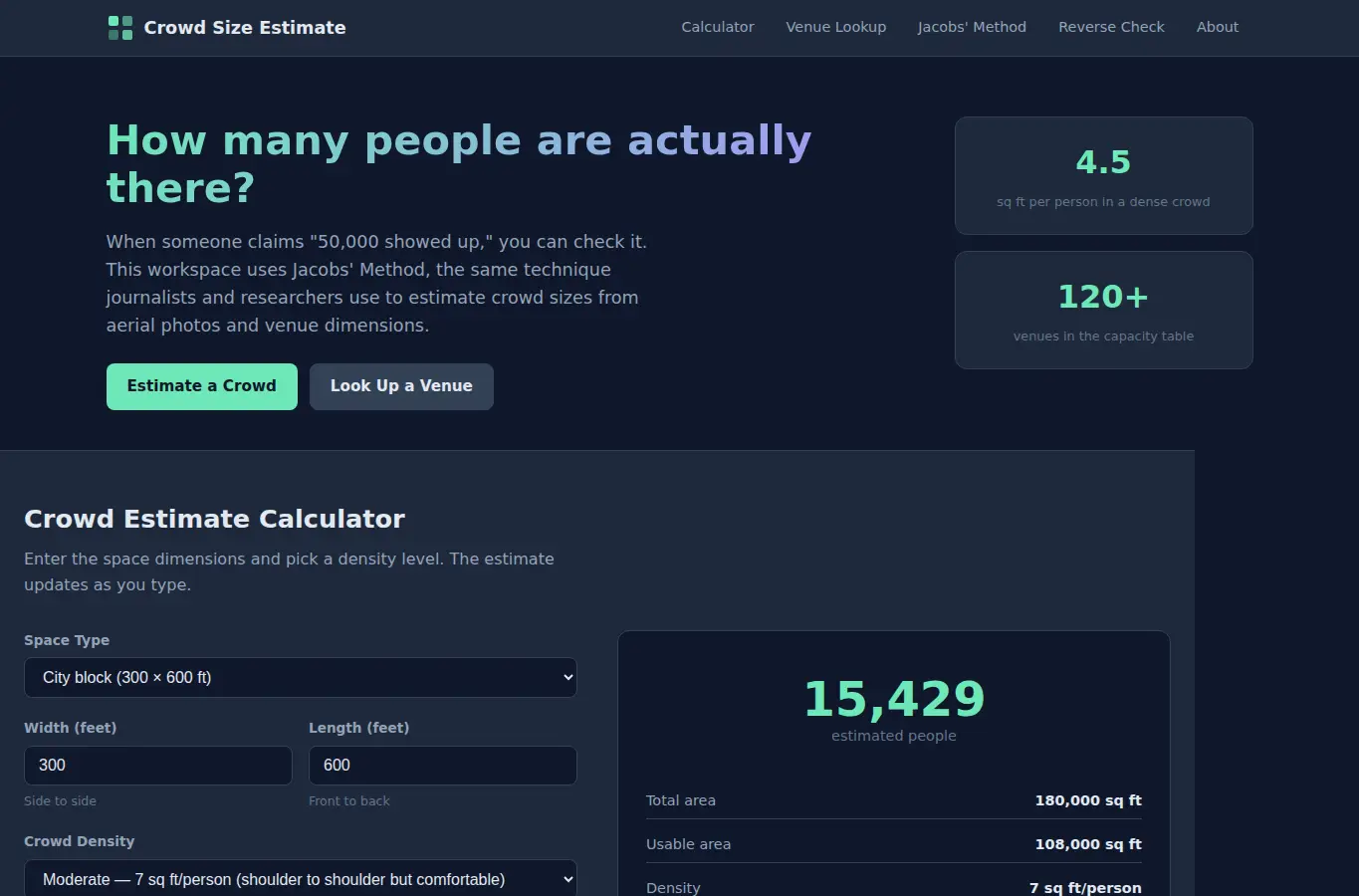 Screenshot of Crowd Size Estimator interface showing the project page in use